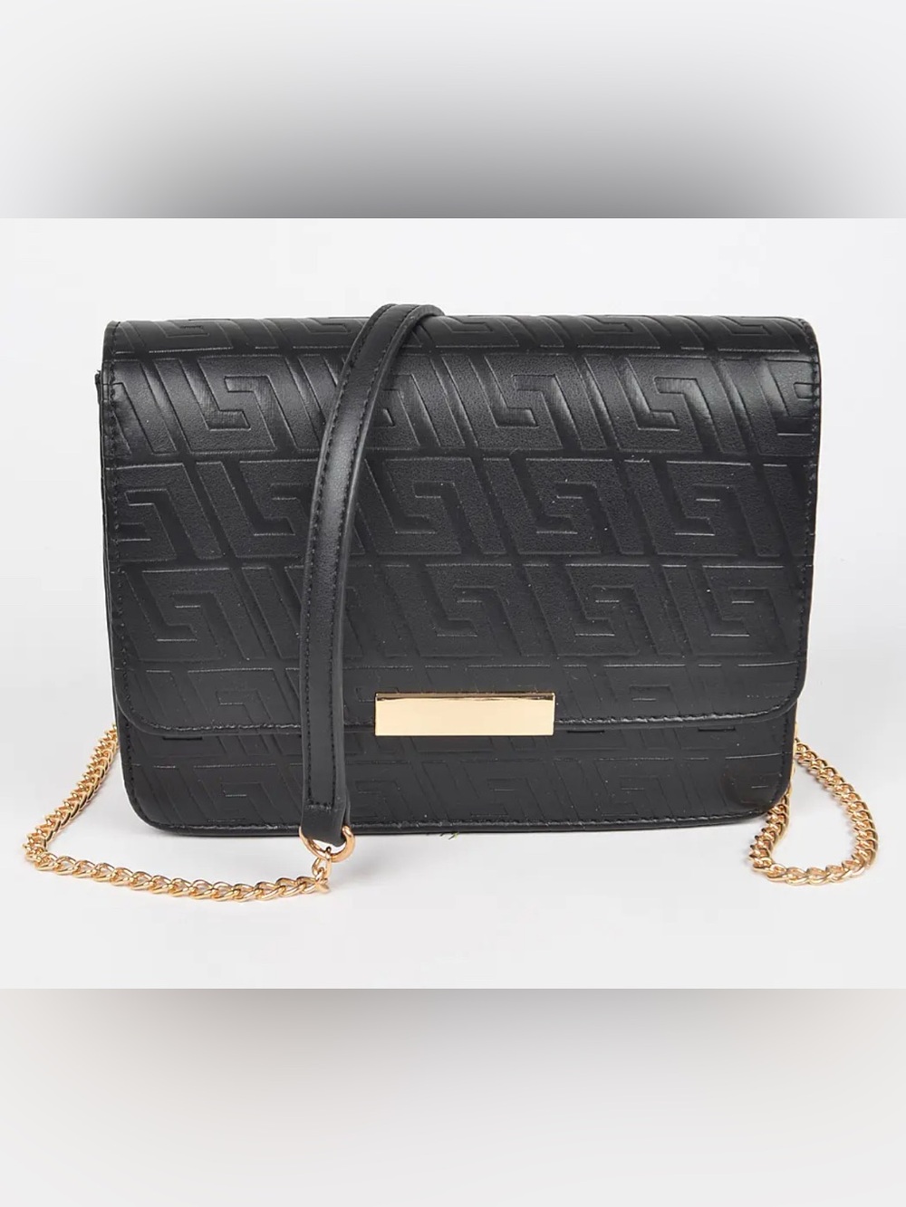 Black Embossed Crossbody Bag with Gold Chain Strap